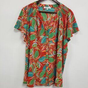Rose & Olive Women Tropical Floral Button Up Top Size 1X Artsy Hawaiian Colorful